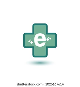 Cross With Green Letter E Negative Space Initial Logo Template. Symbol Plus for medical logo template