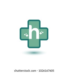 Cross With Green Letter H Negative Space Initial Logo Template. Symbol Plus for medical logo template
