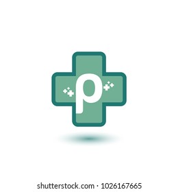 Cross With Green Letter P Negative Space Initial Logo Template. Symbol Plus for medical logo template