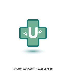 Cross With Green Letter U Negative Space Initial Logo Template. Symbol Plus for medical logo template