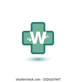 Cross With Green Letter W Negative Space Initial Logo Template. Symbol Plus for medical logo template