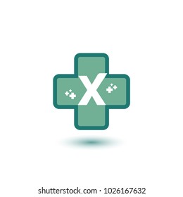Cross With Green Letter X Negative Space Initial Logo Template. Symbol Plus for medical logo template