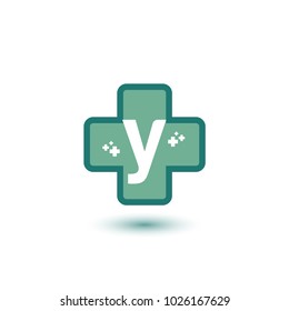 Cross With Green Letter Y Negative Space Initial Logo Template. Symbol Plus for medical logo template