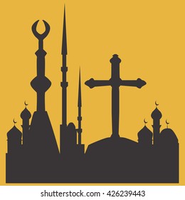 Cross and half Moon. Various religious vectors. Islam and Christianity