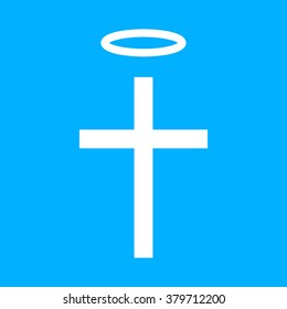 Cross with halo, holy cross flat vector icon white color on blue background