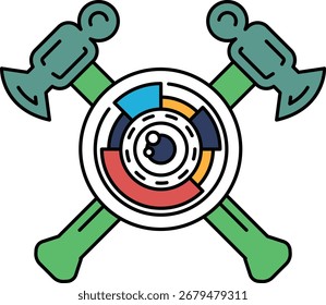 A cross with a hammer and an eye on it.