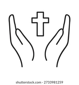 Vector de la cruz y del icono de la mano, Icono religioso de la línea de la mano, Gráfico espiritual de la cruz de la mano..eps

