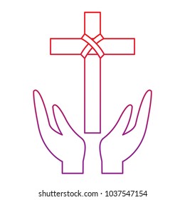 cross and hands christian catholic paraphernalia  icon image vector illustration design  red to purple line