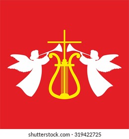 Cross, harp, angels and trumpets icon