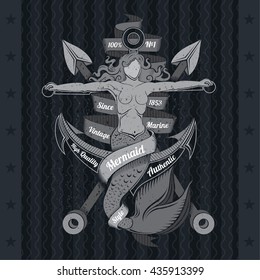 Cross Harpoons And Mermaid Crucified On Anchor. Marine Vintage Label On Blackboard