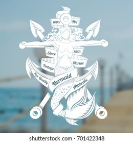 Cross harpoons and mermaid crucified on anchor. Marine vintage label on blurred sea photo background