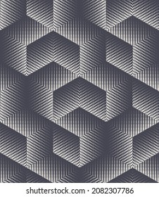 Cross Hatch Cube Isometric Shapes Seamless Pattern Vector Abstract Retro Background. Crosshatch Cubic Geometric Regular Endless Wallpaper. Continuous Cubical Structure Shading Retro Art Illustration