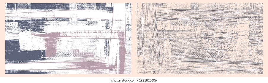 Cross hatching artistic strokes on canvas. Modern oil, acrylic paint texture set. Abstract grungy vector backgrounds, beige and purple colors, light hand drawn pattern