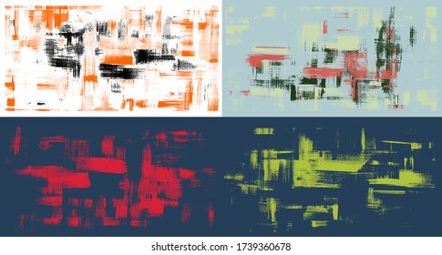 El rayo cruzado de pintura al óleo áspero se pinta sobre el lienzo. Conjunto de cuatro cuadros abstractos, fondos desordenados