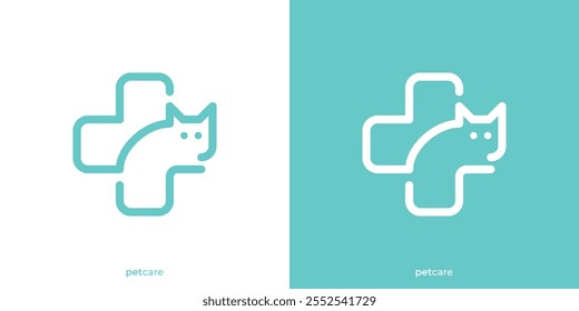 Cross Health ou Plus e Abstract Cat com Estilo de Contorno Linear. Modelo de design de vetor de símbolo de ícone de logotipo de cuidado de animais de estimação.