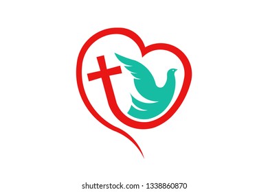 Cross Heart with Dove. Religion Logo illustration