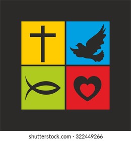 Cross, heart, fish, dove. Jesus and Holy spirit