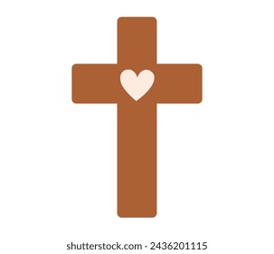 Cross with heart icon. Easter symbol. Religious christian sign. Holy Week. Vector illustration in flat hand drawn style