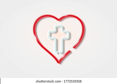 Cruz y corazón, Jesús en el corazón brillando símbolo 3D, plantilla de tarjeta. Ilustración vectorial realista. Fondo azul claro.