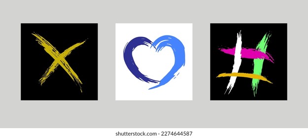 The cross, heart and lattice are hand-drawn with a brush. Prohibition, denial, error. Love. Hashtag. Vector