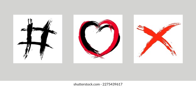 The cross, heart and lattice are hand-drawn with a brush. Prohibition, denial, error. Love. Hashtag. Vector