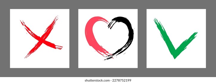 The cross, heart and OK symbol are hand-drawn with a brush. Prohibition, denial, error. Love. Approval, consent. Vector, set of 3 characters