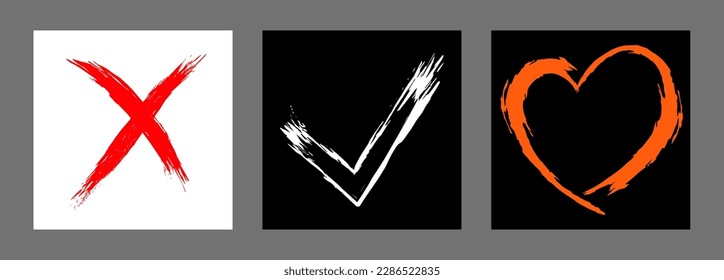 The cross, heart and OK symbol are hand-drawn with a brush. Prohibition, denial, error. Love. Approval, consent. Vector, set of 3 characters