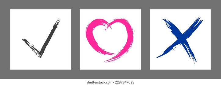 The cross, heart and OK symbol are hand-drawn with a brush. Prohibition, denial, error. Love. Approval, consent. Vector, set of 3 characters