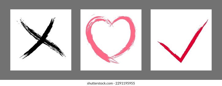 The cross, heart and OK symbol are hand-drawn with a brush. Prohibition, denial, error. Love. Approval, consent. Vector, set of 3 characters