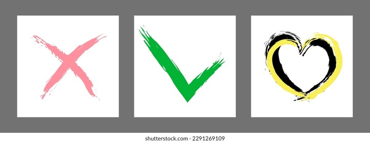 The cross, heart and OK symbol are hand-drawn with a brush. Prohibition, denial, error. Love. Approval, consent. Vector, set of 3 characters