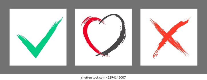 The cross, heart and OK symbol are hand-drawn with a brush. Prohibition, denial, error. Love. Approval, consent. Vector, set of 3 characters