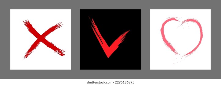 The cross, heart and OK symbol are hand-drawn with a brush. Prohibition, denial, error. Love. Approval, consent. Vector, set of 3 characters