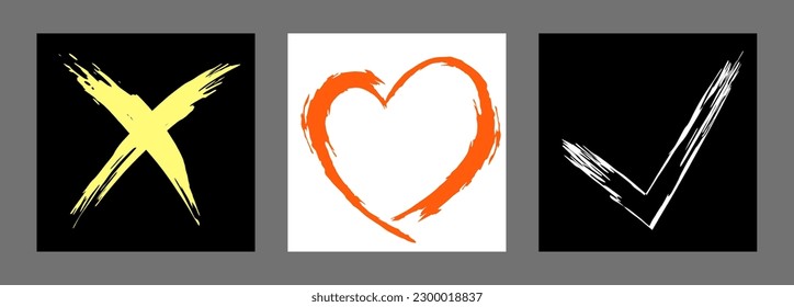 The cross, heart and OK symbol are hand-drawn with a brush. Prohibition, denial, error. Love. Approval, consent. Vector, set of 3 characters