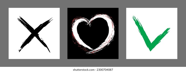 The cross, heart and OK symbol are hand-drawn with a brush. Prohibition, denial, error. Love. Approval, consent. Vector, set of 3 characters