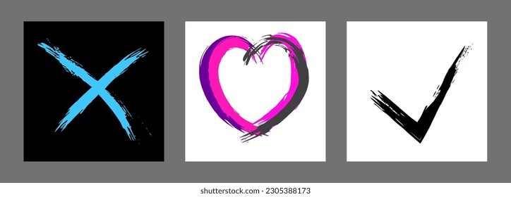 The cross, heart and OK symbol are hand-drawn with a brush. Prohibition, denial, error. Love. Approval, consent. Vector, set of 3 characters