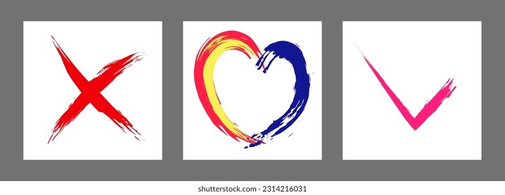 The cross, heart and OK symbol are hand-drawn with a brush. Prohibition, denial, error. Love. Approval, consent. Vector, set of 3 characters