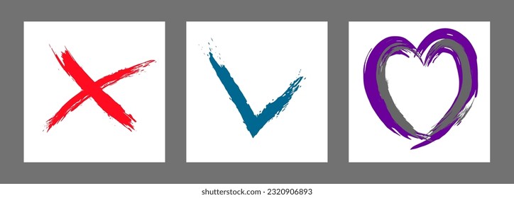 The cross, heart and OK symbol are hand-drawn with a brush. Prohibition, denial, error. Love. Approval, consent. Vector, set of 3 characters