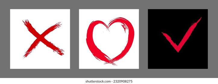 The cross, heart and OK symbol are hand-drawn with a brush. Prohibition, denial, error. Love. Approval, consent. Vector, set of 3 characters