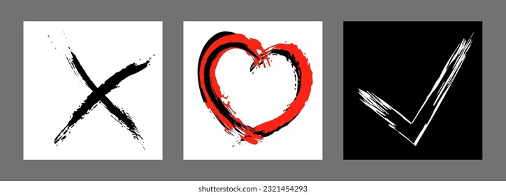 The cross, heart and OK symbol are hand-drawn with a brush. Prohibition, denial, error. Love. Approval, consent. Vector, set of 3 characters