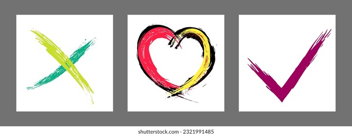 The cross, heart and OK symbol are hand-drawn with a brush. Prohibition, denial, error. Love. Approval, consent. Vector, set of 3 characters