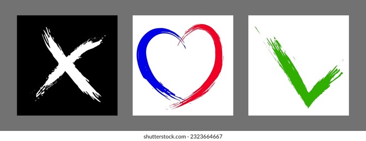 The cross, heart and OK symbol are hand-drawn with a brush. Prohibition, denial, error. Love. Approval, consent. Vector, set of 3 characters