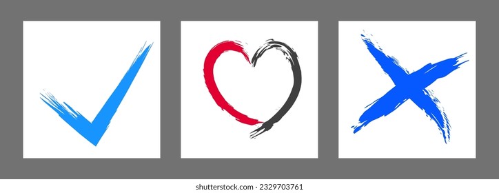 The cross, heart and OK symbol are hand-drawn with a brush. Prohibition, denial, error. Love. Approval, consent. Vector, set of 3 characters