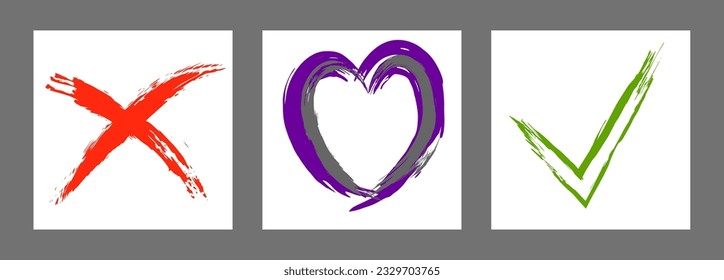 The cross, heart and OK symbol are hand-drawn with a brush. Prohibition, denial, error. Love. Approval, consent. Vector, set of 3 characters