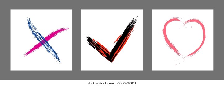 The cross, heart and OK symbol are hand-drawn with a brush. Prohibition, denial, error. Love. Approval, consent. Vector, set of 3 characters