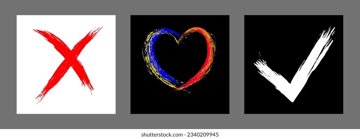 The cross, heart and OK symbol are hand-drawn with a brush. Prohibition, denial, error. Love. Approval, consent. Vector, set of 3 characters