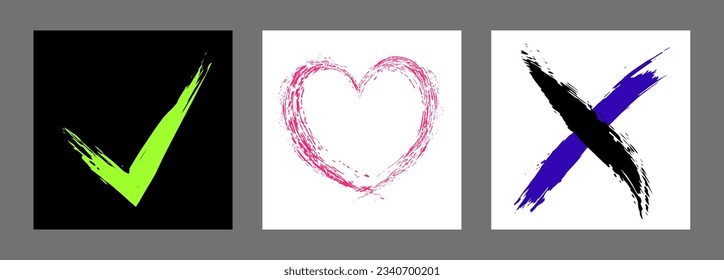 The cross, heart and OK symbol are hand-drawn with a brush. Prohibition, denial, error. Love. Approval, consent. Vector, set of 3 characters