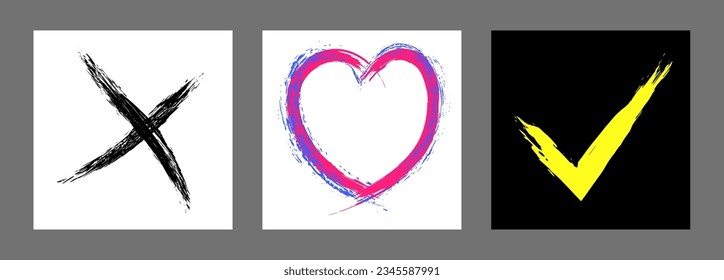 The cross, heart and OK symbol are hand-drawn with a brush. Prohibition, denial, error. Love. Approval, consent. Vector, set of 3 characters