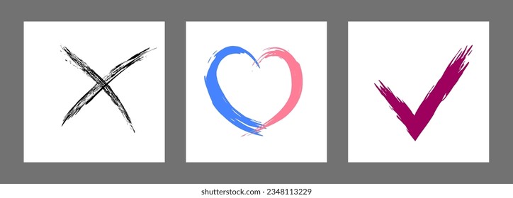 The cross, heart and OK symbol are hand-drawn with a brush. Prohibition, denial, error. Love. Approval, consent. Vector, set of 3 characters