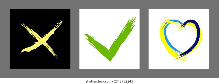 The cross, heart and OK symbol are hand-drawn with a brush. Prohibition, denial, error. Love. Approval, consent. Vector, set of 3 characters