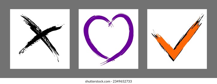 The cross, heart and OK symbol are hand-drawn with a brush. Prohibition, denial, error. Love. Approval, consent. Vector, set of 3 characters